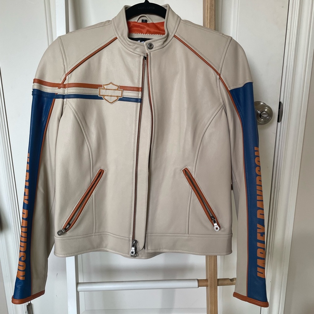 Harley Davison Orange / Blue / Cream leather jacket - Picture 4 of 16